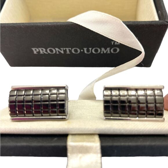 Mens wearhouse pronto uomo cuff links hematite color geometric silver color - Picture 2 of 4